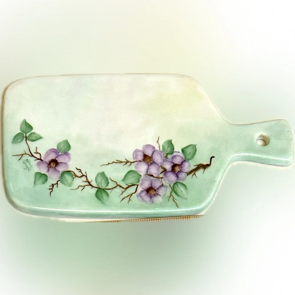 VTG PORCELAIN CHEESE BOARD HAND PAINTED CHINA PURPLE VIOLET GREEN FLOWER KITCHEN